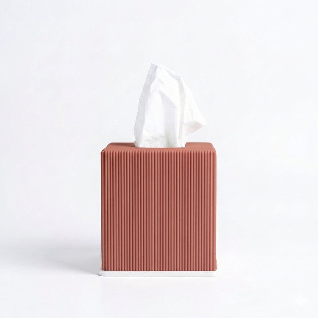 Ribbed cube tissue box cover in terracotta — 3D printed modern bathroom accessory by Lux Print Labs