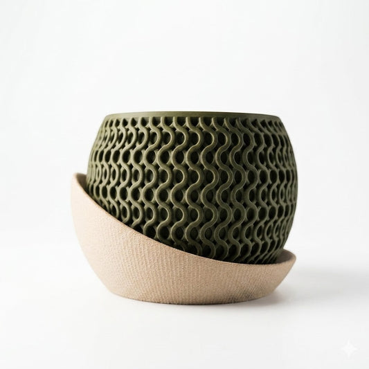 Lux Print Labs Echo Planter in olive green with a textured wave lattice pattern and a contrasting beige drip tray.