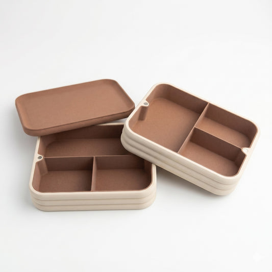 Lux Print Labs magnetic stackable container in beige and brown matte PLA with three internal storage compartments.