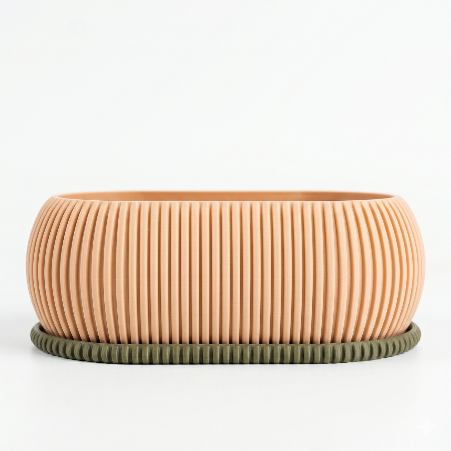 Bonsai Planter in bone with fine vertical ribbed texture and olive green matching drip tray — 3D printed wide low-profile indoor planter by Lux Print Labs