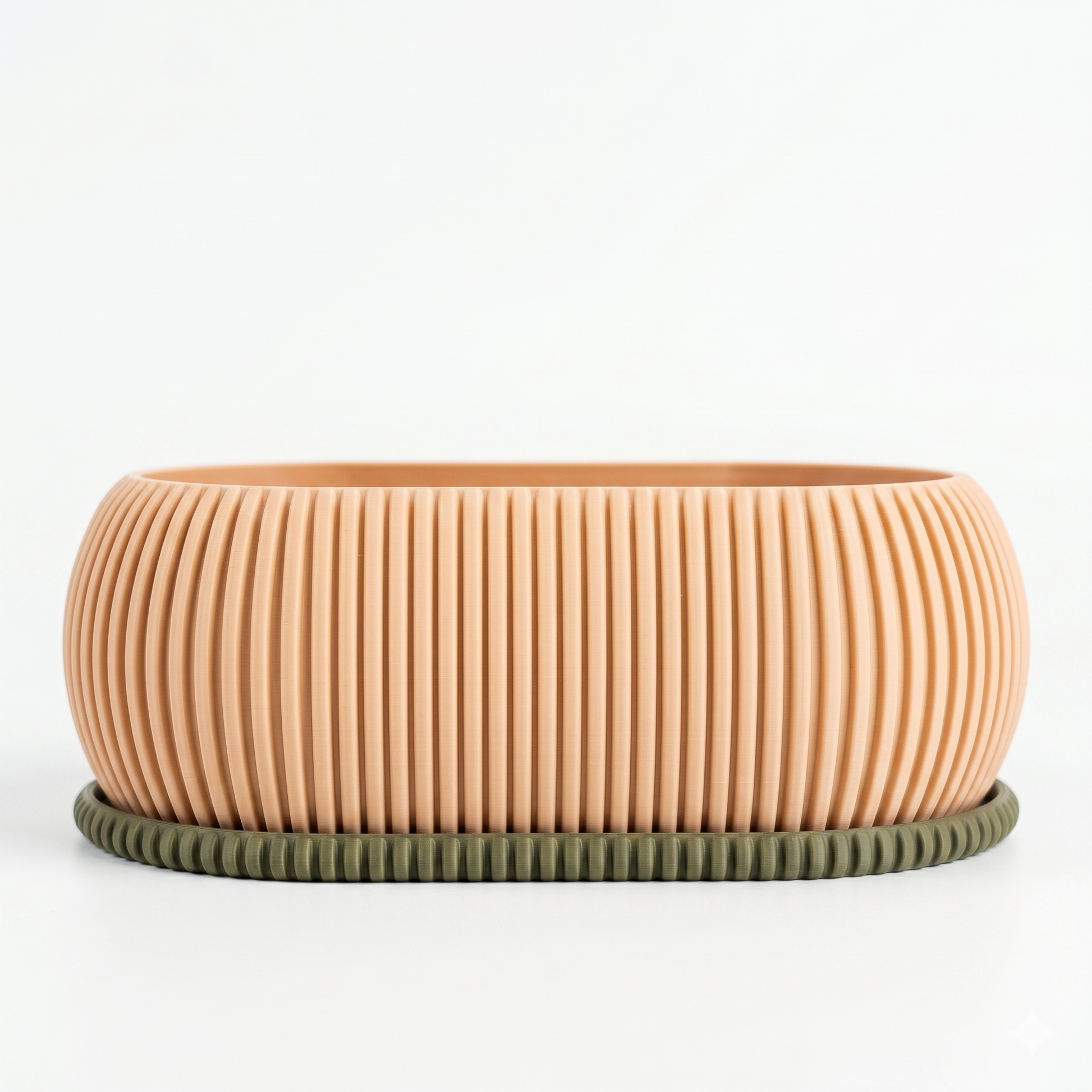 Bonsai Planter in bone with fine vertical ribbed texture and olive green matching drip tray — 3D printed wide low-profile indoor planter by Lux Print Labs