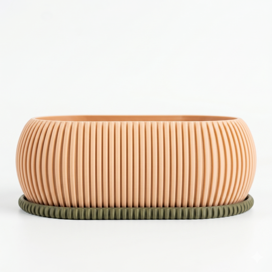 Bonsai Planter in bone with fine vertical ribbed texture and olive green matching drip tray — 3D printed wide low-profile indoor planter by Lux Print Labs