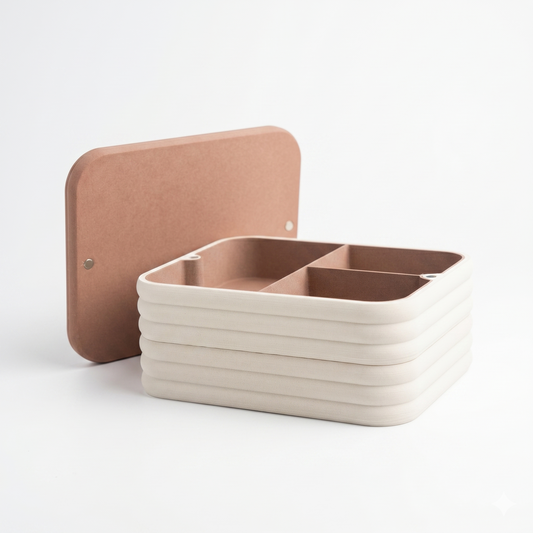 Cloud Stackable Container in cream with terracotta magnetic lid, shown open with three internal compartments and horizontal ribbed exterior — 3D printed modular storage box by Lux Print Labs