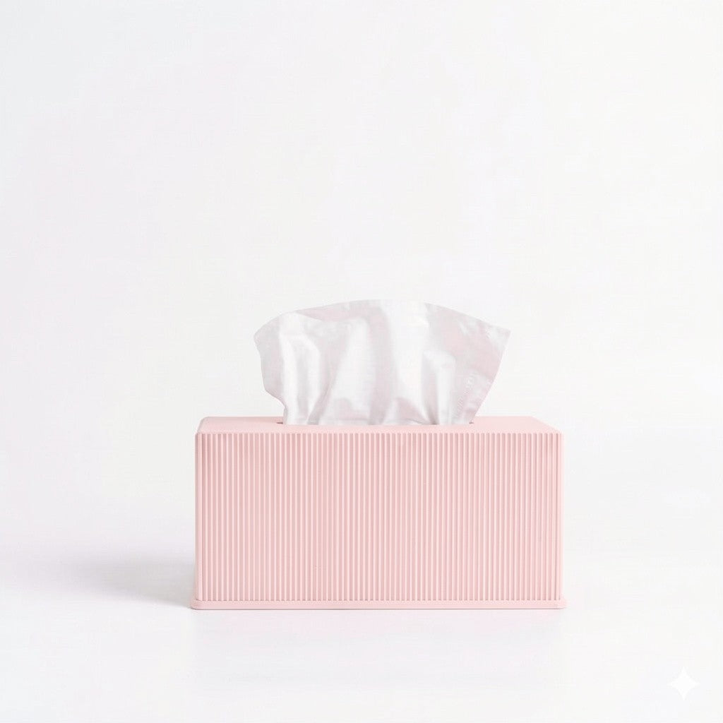 Ribbed cube tissue box cover in baby pink — 3D printed modern bathroom accessory by Lux Print Labs