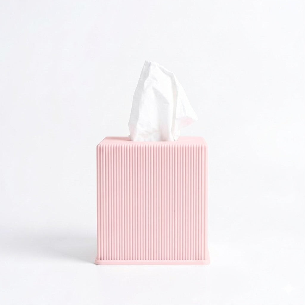 Ribbed cube tissue box cover in baby pink— 3D printed modern bathroom accessory by Lux Print Labs
