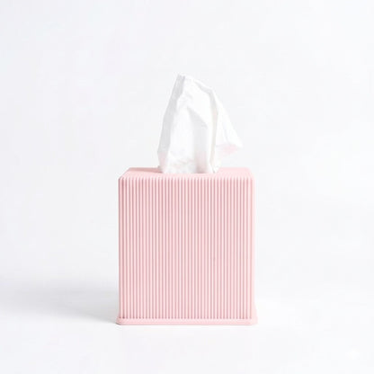 Ribbed cube tissue box cover in baby pink— 3D printed modern bathroom accessory by Lux Print Labs
