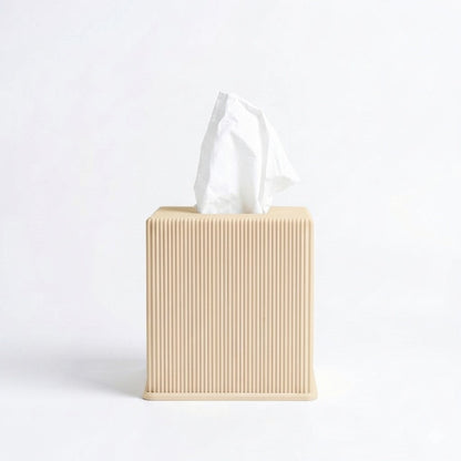 Ribbed cube tissue box cover in bone — 3D printed modern bathroom accessory by Lux Print Labs