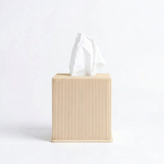 Ribbed cube tissue box cover in bone — 3D printed modern bathroom accessory by Lux Print Labs