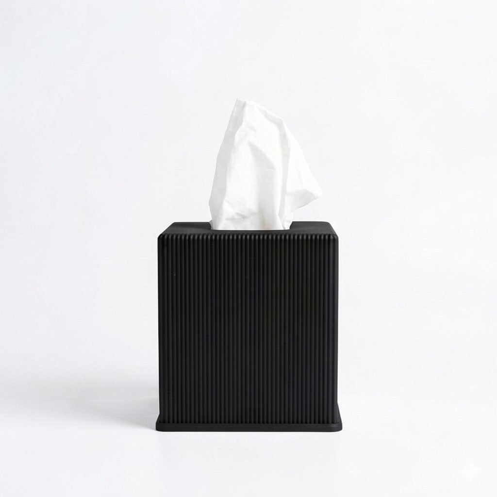 Ribbed cube tissue box cover in charcoal — 3D printed modern bathroom accessory by Lux Print Labs