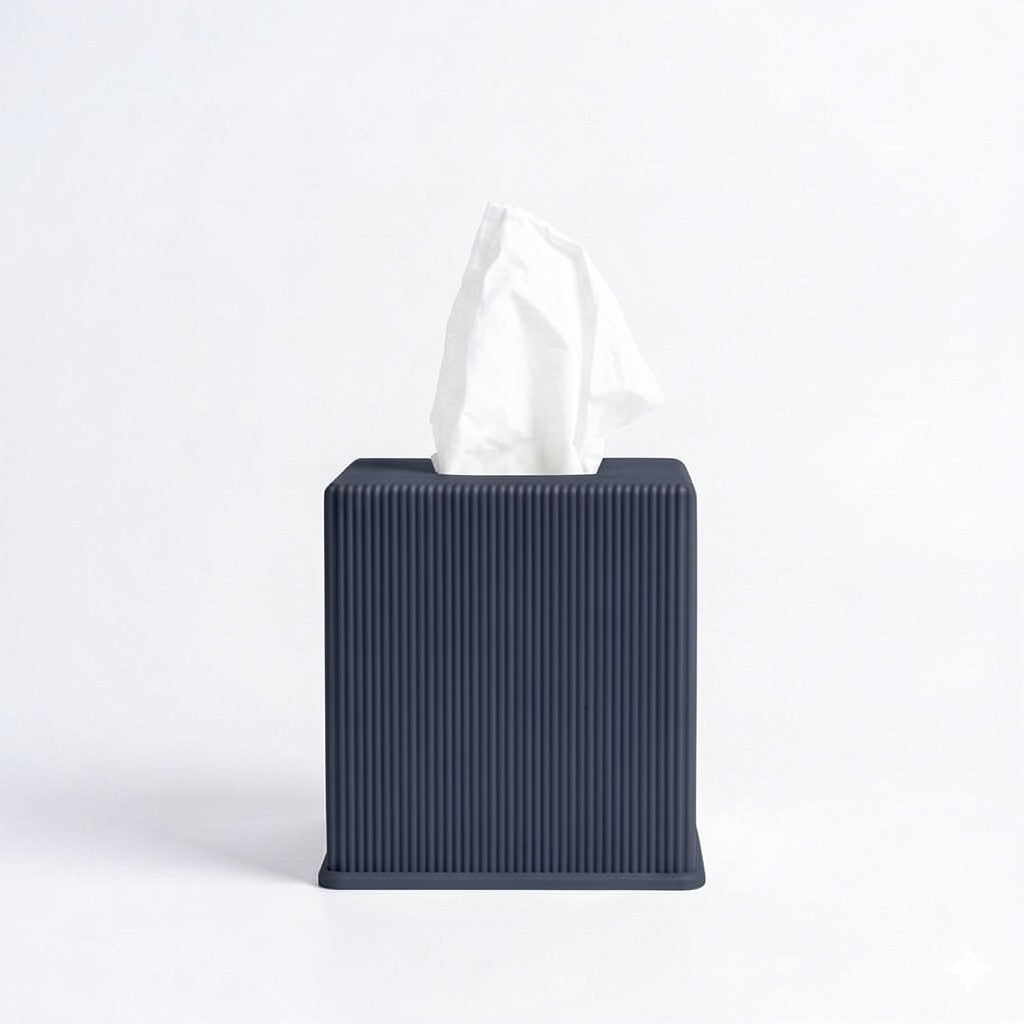 Ribbed cube tissue box cover in dark grey — 3D printed modern bathroom accessory by Lux Print Labs