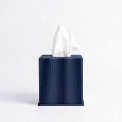 Ribbed cube tissue box cover in navy blue — 3D printed modern bathroom accessory by Lux Print Labs