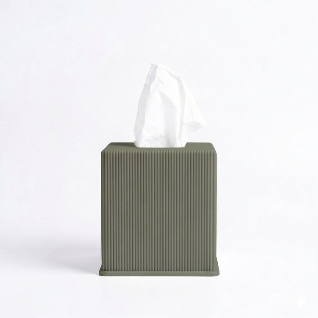 Ribbed cube tissue box cover in olive green — 3D printed modern bathroom accessory by Lux Print Labs