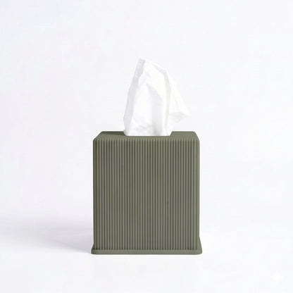 Ribbed cube tissue box cover in olive green — 3D printed modern bathroom accessory by Lux Print Labs