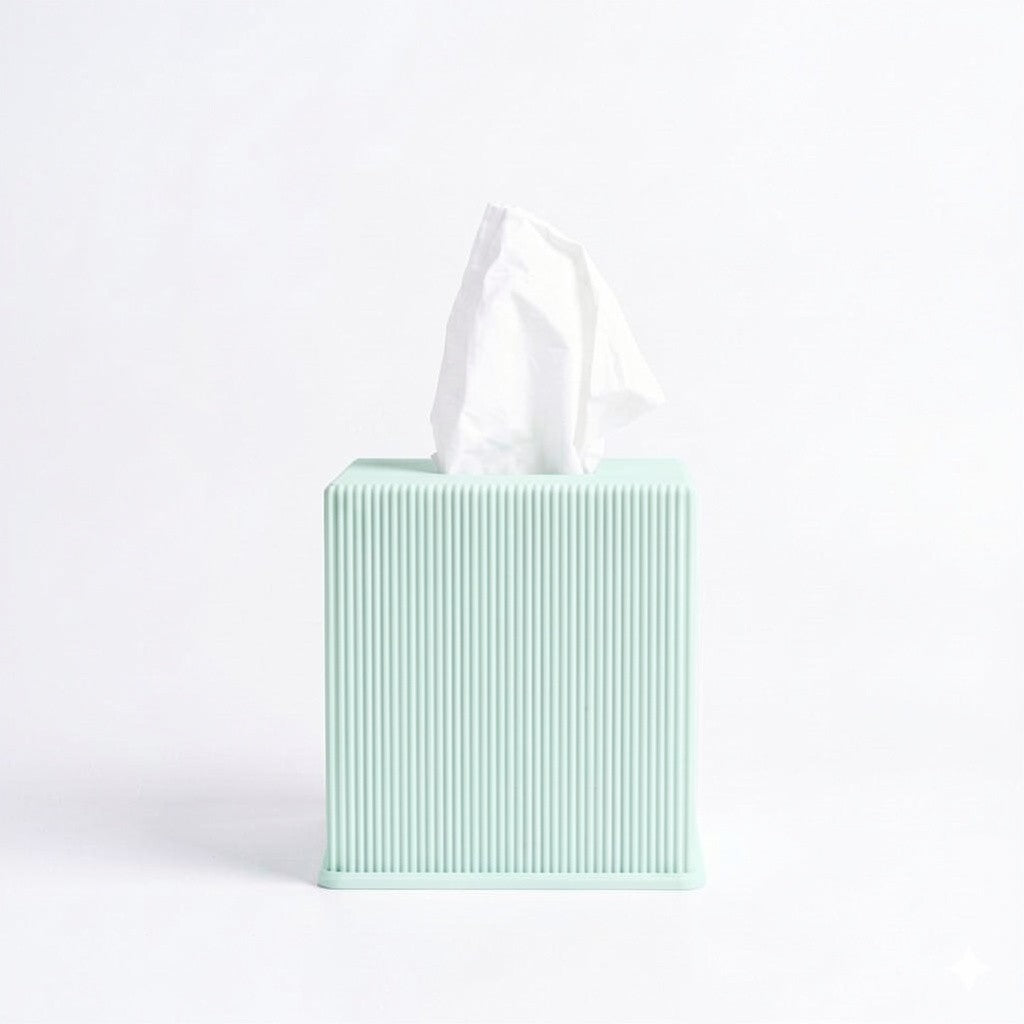 Ribbed cube tissue box cover in sage — 3D printed modern bathroom accessory by Lux Print Labs
