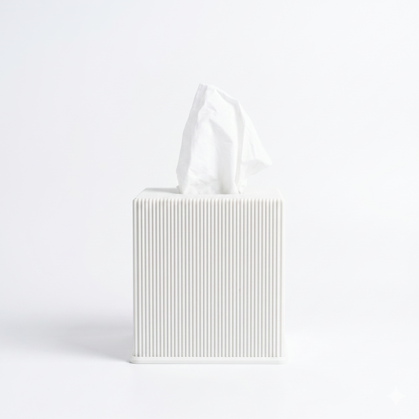 Ribbed cube tissue box cover in white — 3D printed modern bathroom accessory by Lux Print Labs