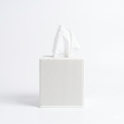 Ribbed cube tissue box cover in white — 3D printed modern bathroom accessory by Lux Print Labs