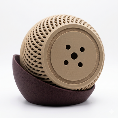 Beige spherical object with a textured surface on a white background