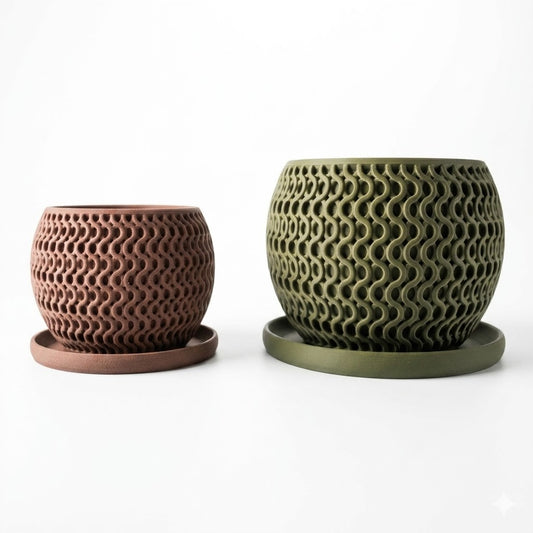 Echo Planter in two sizes — terracotta and olive green — showing interlocking wave lattice pattern on a rounded form with matching flat circular drip tray — 3D printed indoor planter by Lux Print Labs