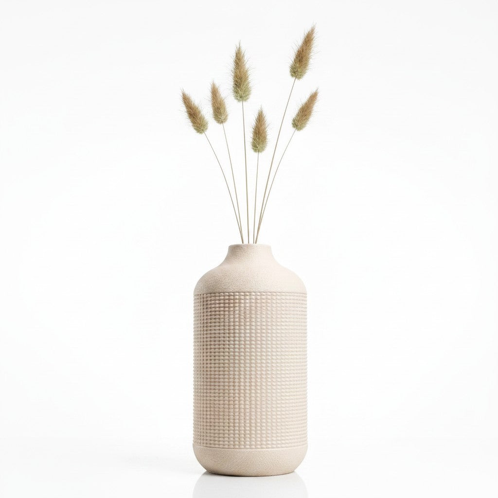 Faro Vase in natural cream with fine grid texture pattern, styled with dried bunny tail grass — 3D printed decorative vase by Lux Print Labs