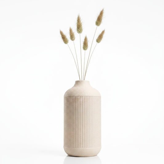 Faro Vase in natural cream with fine grid texture pattern, styled with dried bunny tail grass — 3D printed decorative vase by Lux Print Labs