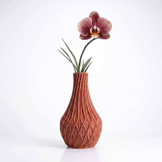 Fractal Vase in terracotta with deep geometric faceted pattern, styled with a burgundy orchid stem — 3D printed decorative vase by Lux Print Labs