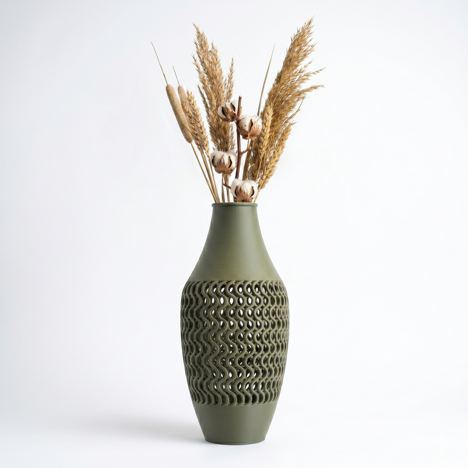 Mafra Vase in olive green with open lattice wave pattern, styled with dried pampas grass and cotton stems — 3D printed decorative vase by Lux Print Labs