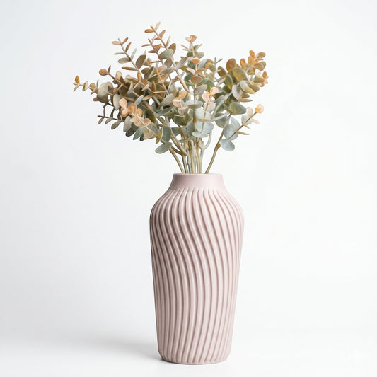 Radiate Vase in blush pink with deep vertical ribbed texture, styled with dried eucalyptus stems — 3D printed decorative vase by Lux Print Labs