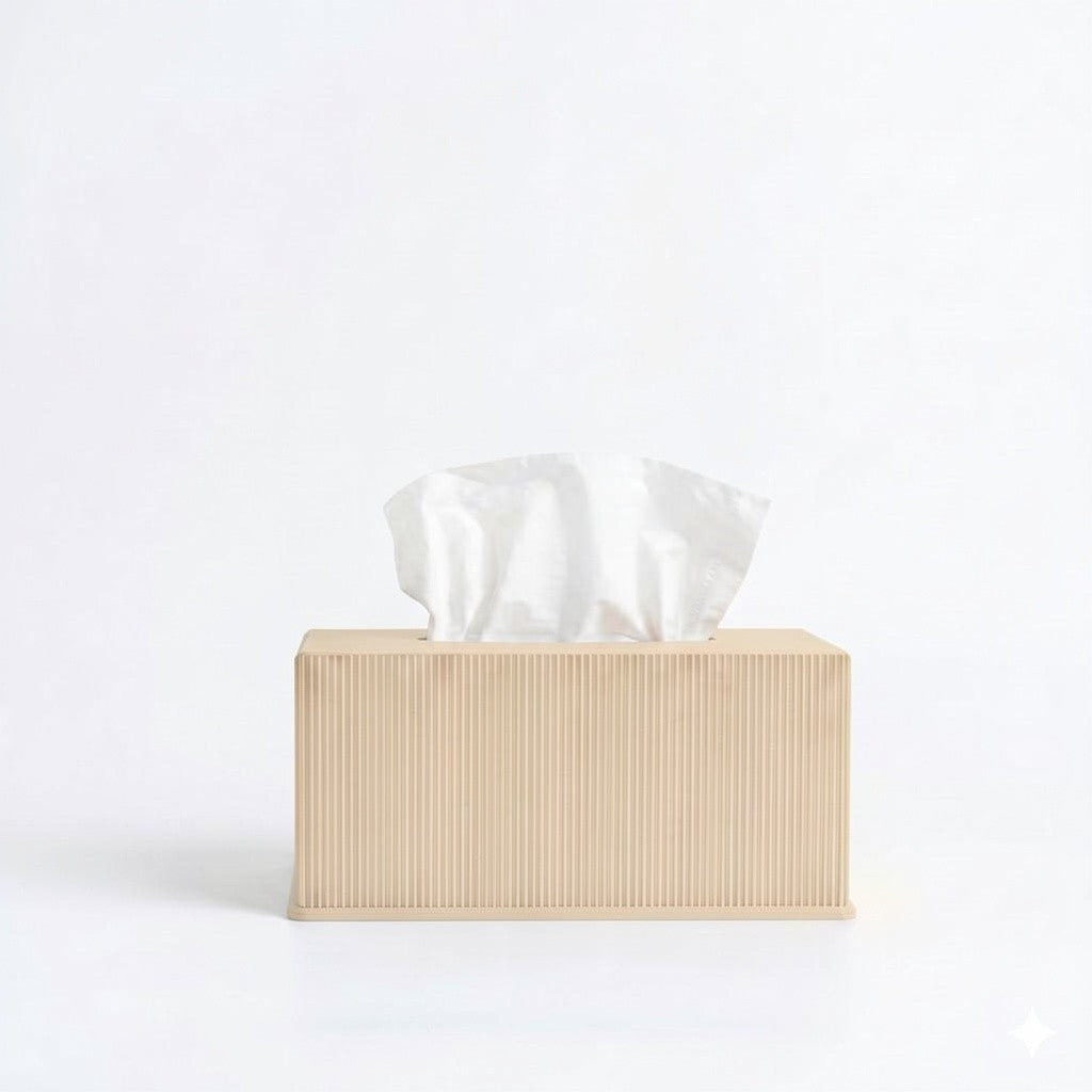 Ribbed rectangle tissue box cover in bone — 3D printed modern bathroom accessory by Lux Print Labs