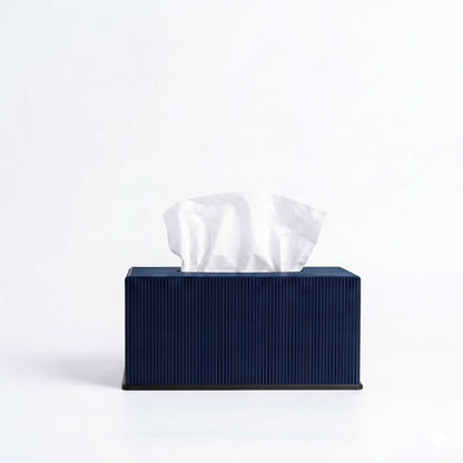 Ribbed rectangle tissue box cover in navy blue — 3D printed modern bathroom accessory by Lux Print Labs
