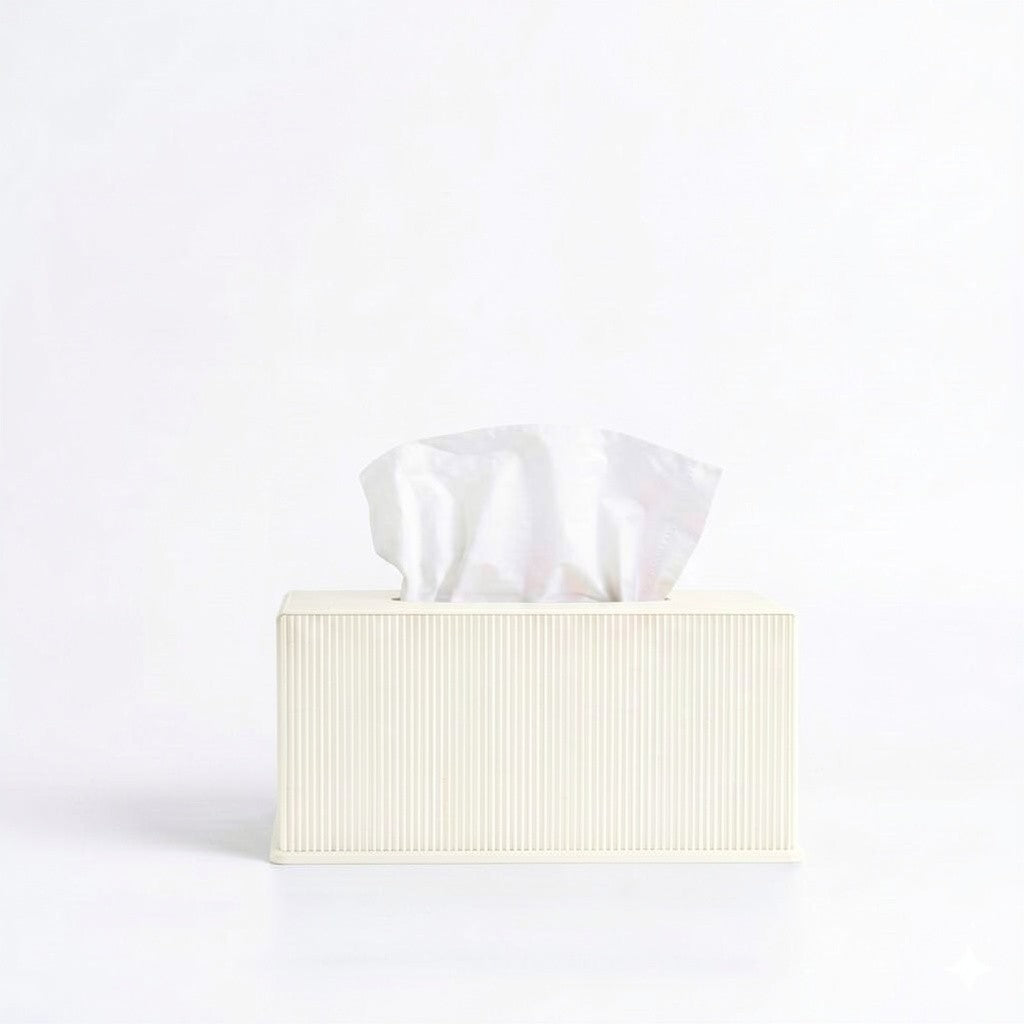 Ribbed rectangle tissue box cover in white — 3D printed modern bathroom accessory by Lux Print Labs