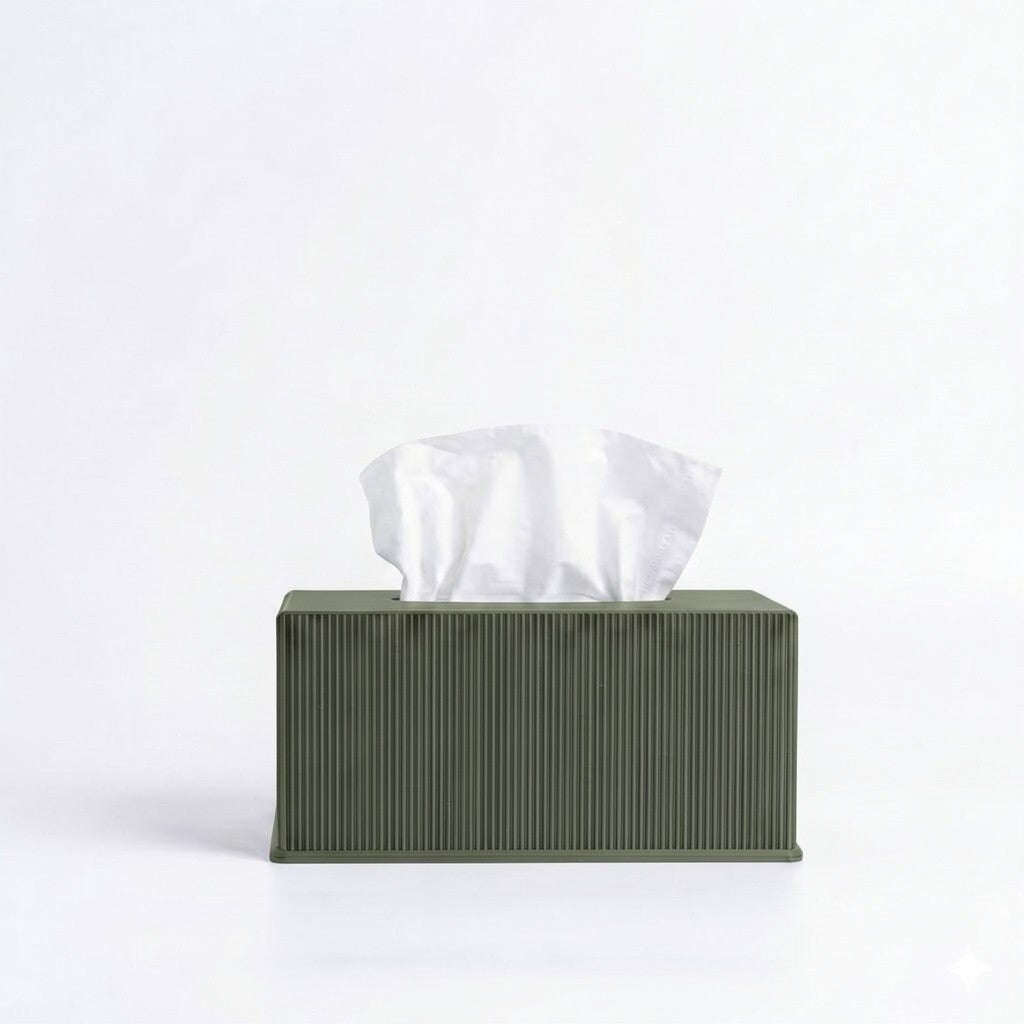Ribbed rectangle tissue box cover in olive green — 3D printed modern bathroom accessory by Lux Print Labs