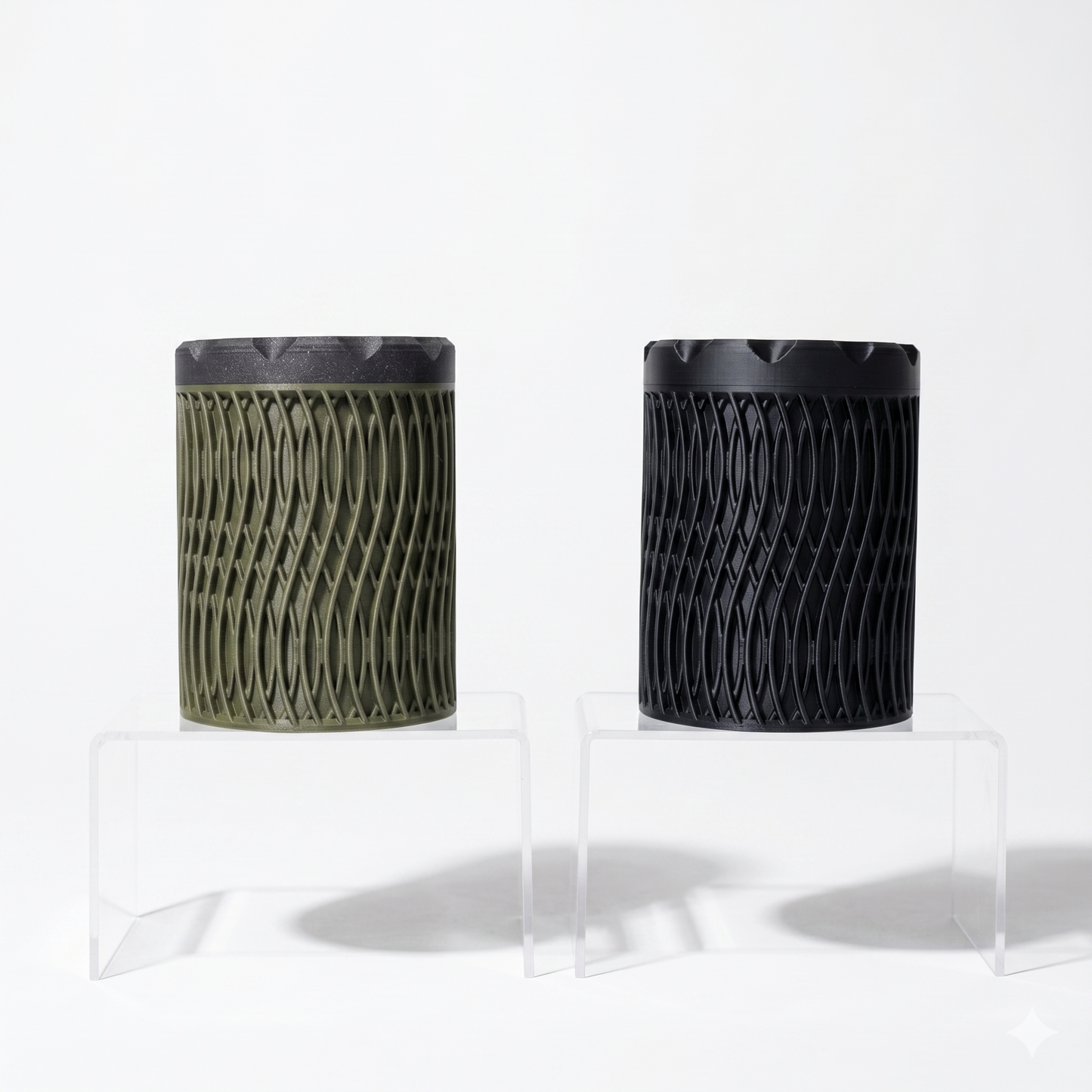 Ruck Container in olive green and black with open diamond wave lattice pattern and screw-top lid, displayed on clear acrylic risers — 3D printed everyday carry storage by Lux Print Labs