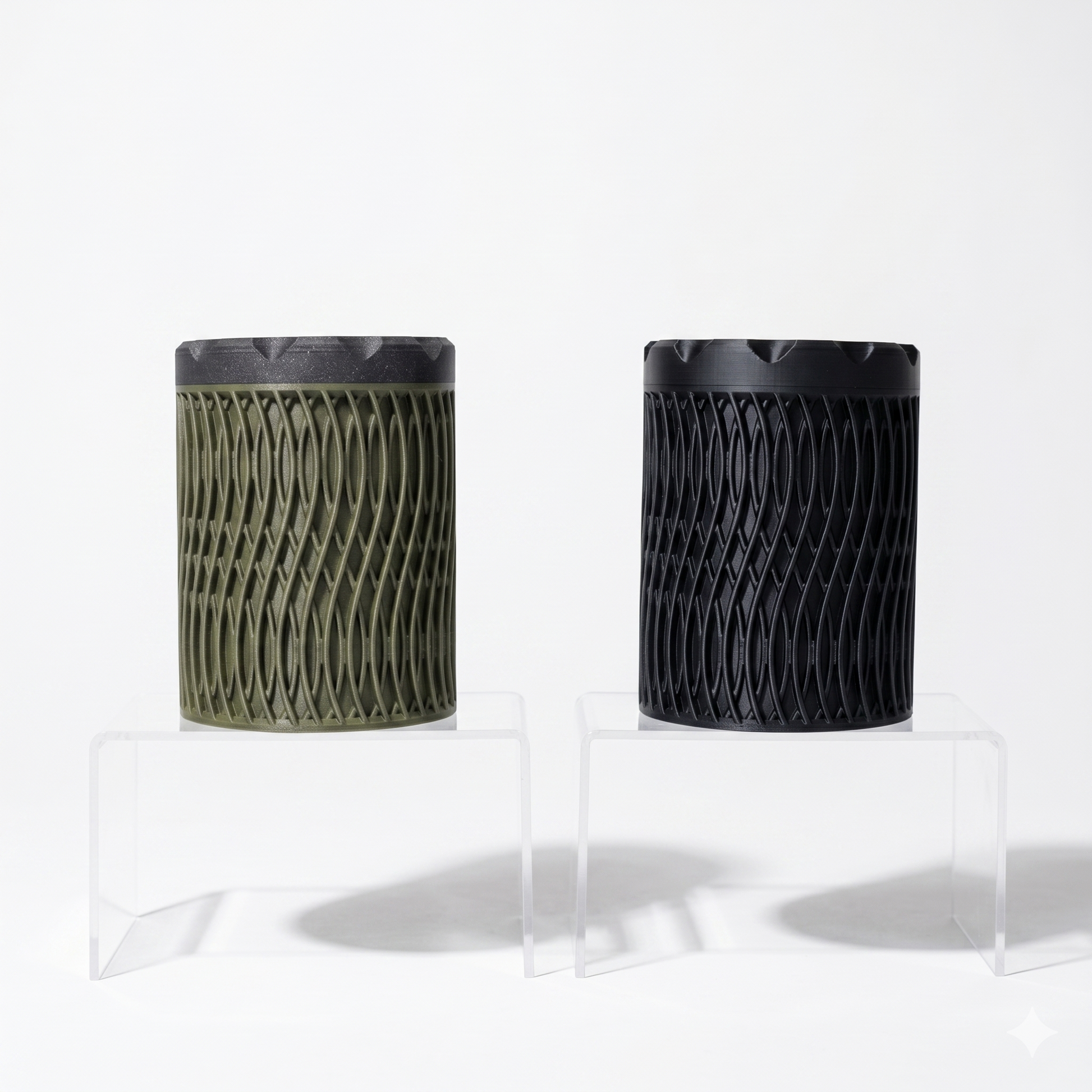 Ruck Container in olive green and black with open diamond wave lattice pattern and screw-top lid, displayed on clear acrylic risers — 3D printed everyday carry storage by Lux Print Labs