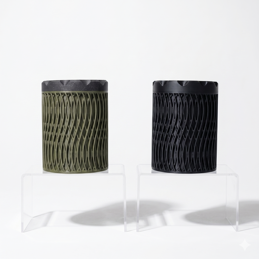 Ruck Container in olive green and black with open diamond wave lattice pattern and screw-top lid, displayed on clear acrylic risers — 3D printed everyday carry storage by Lux Print Labs