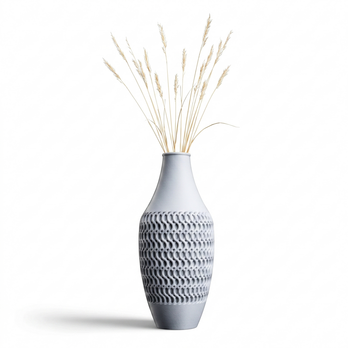 Sintra Vase in light grey with open oval chain-link lattice pattern, styled with dried feather grass — 3D printed decorative vase by Lux Print Labs