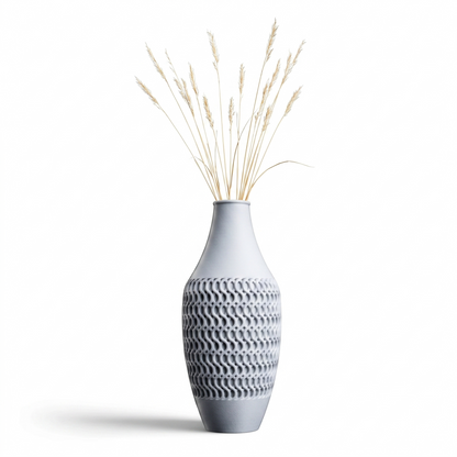 Sintra Vase in light grey with open oval chain-link lattice pattern, styled with dried feather grass — 3D printed decorative vase by Lux Print Labs