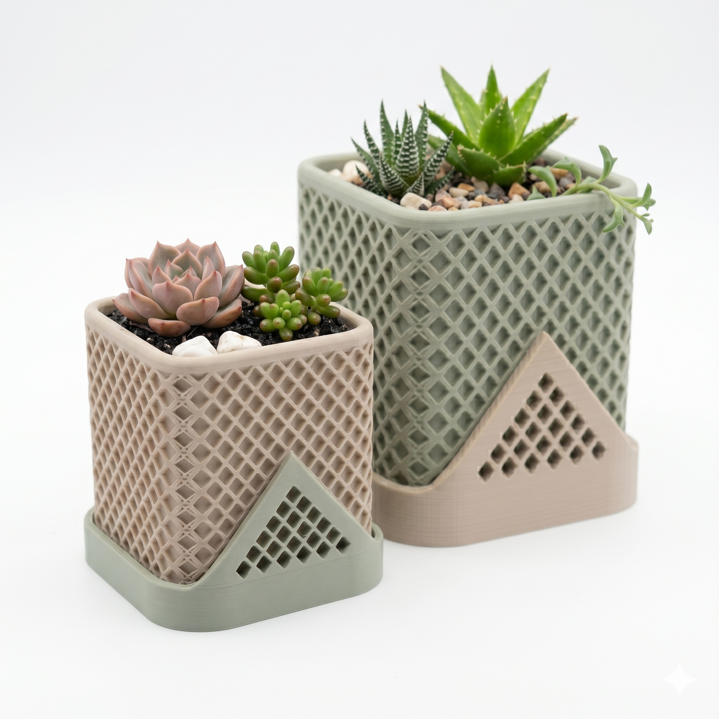 Two Square Polygon Planters featuring an architectural lattice texture and a ceramic-like matte finish, housing succulents in a minimalist, light-filled setting.