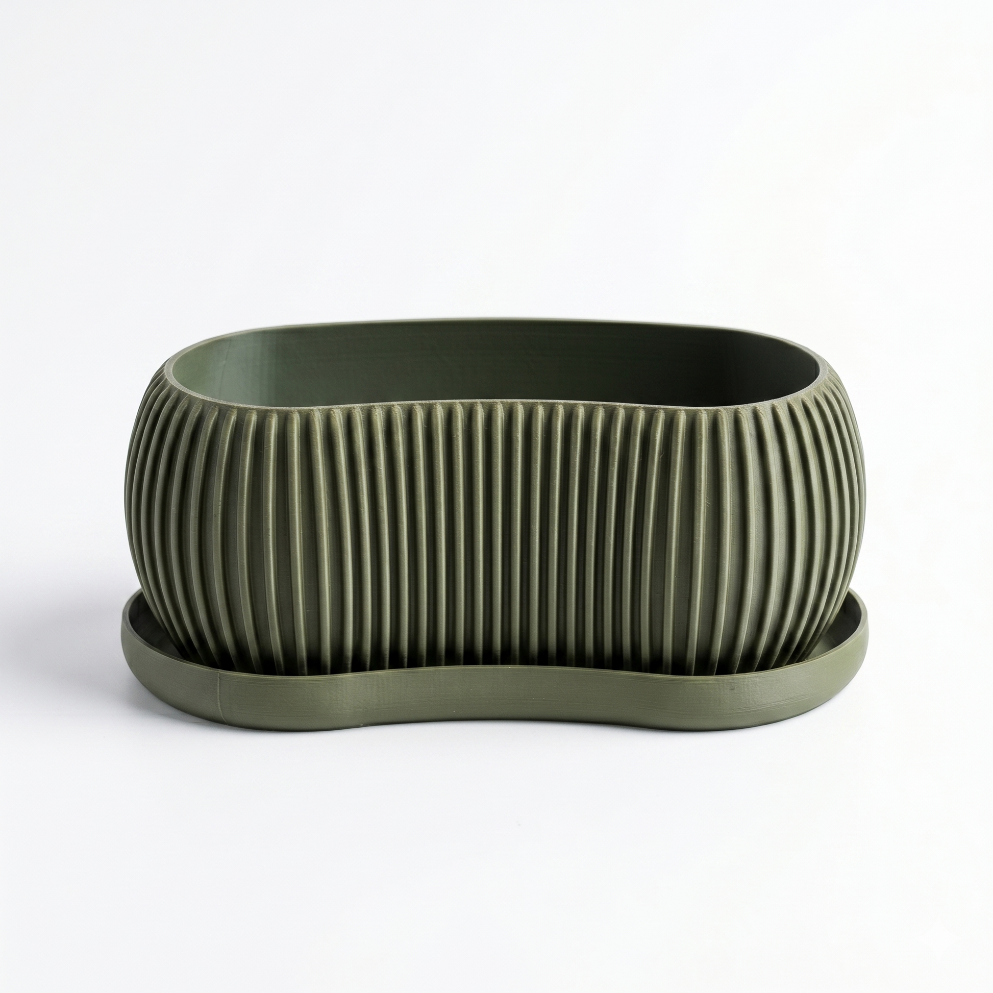 Terra Planter empty — wide low-profile ribbed bonsai pot in olive green by Lux Print Labs