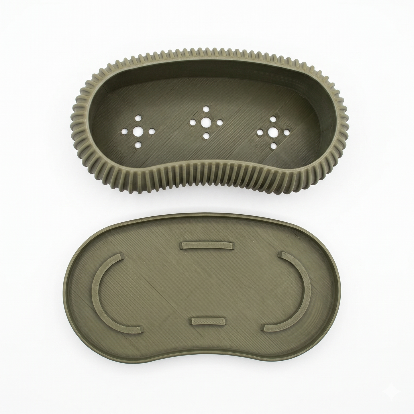 Terra Planter drip tray — top and underside view in olive green by Lux Print Labs