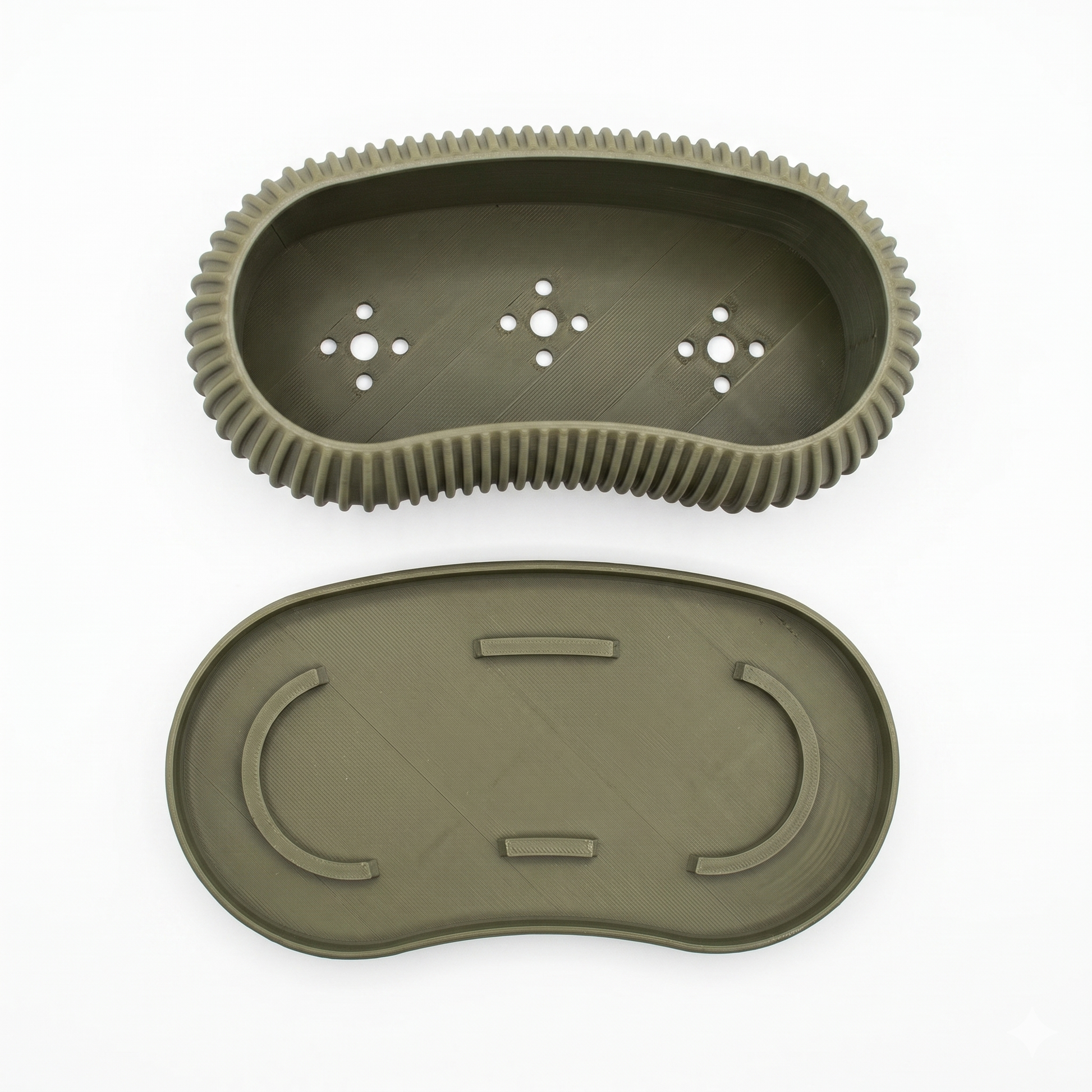 Terra Planter drip tray — top and underside view in olive green by Lux Print Labs