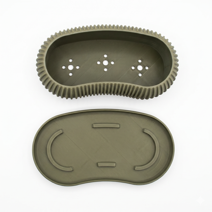 Terra Planter drip tray — top and underside view in olive green by Lux Print Labs