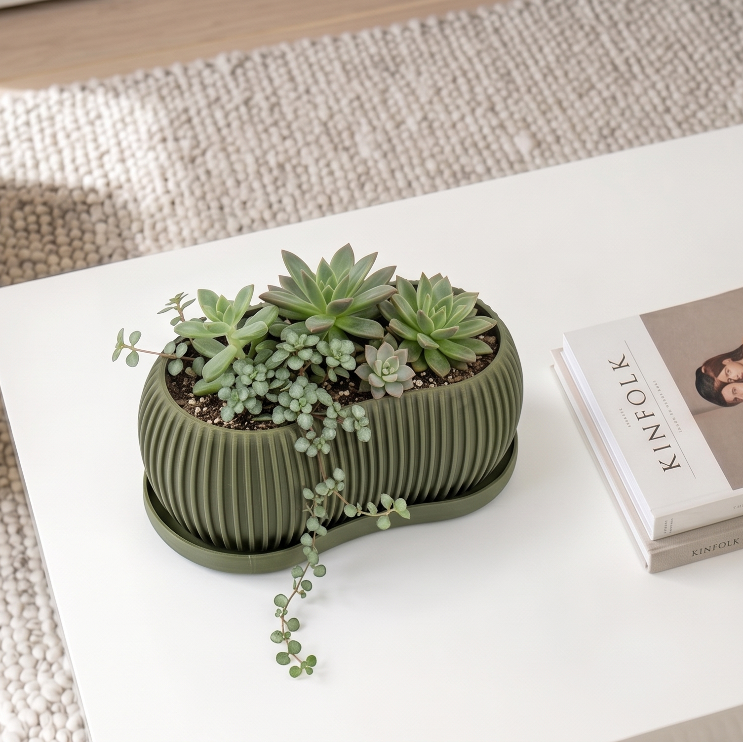 Terra Planter styled with succulents and a Kinfolk book — 3D printed home decor by Lux Print Labs