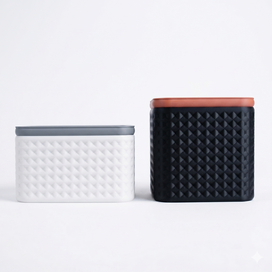 Tetra Container in two colour combinations — white with grey lid and black with terracotta lid — showing diamond pyramid textured pattern — 3D printed storage container by Lux Print Labs