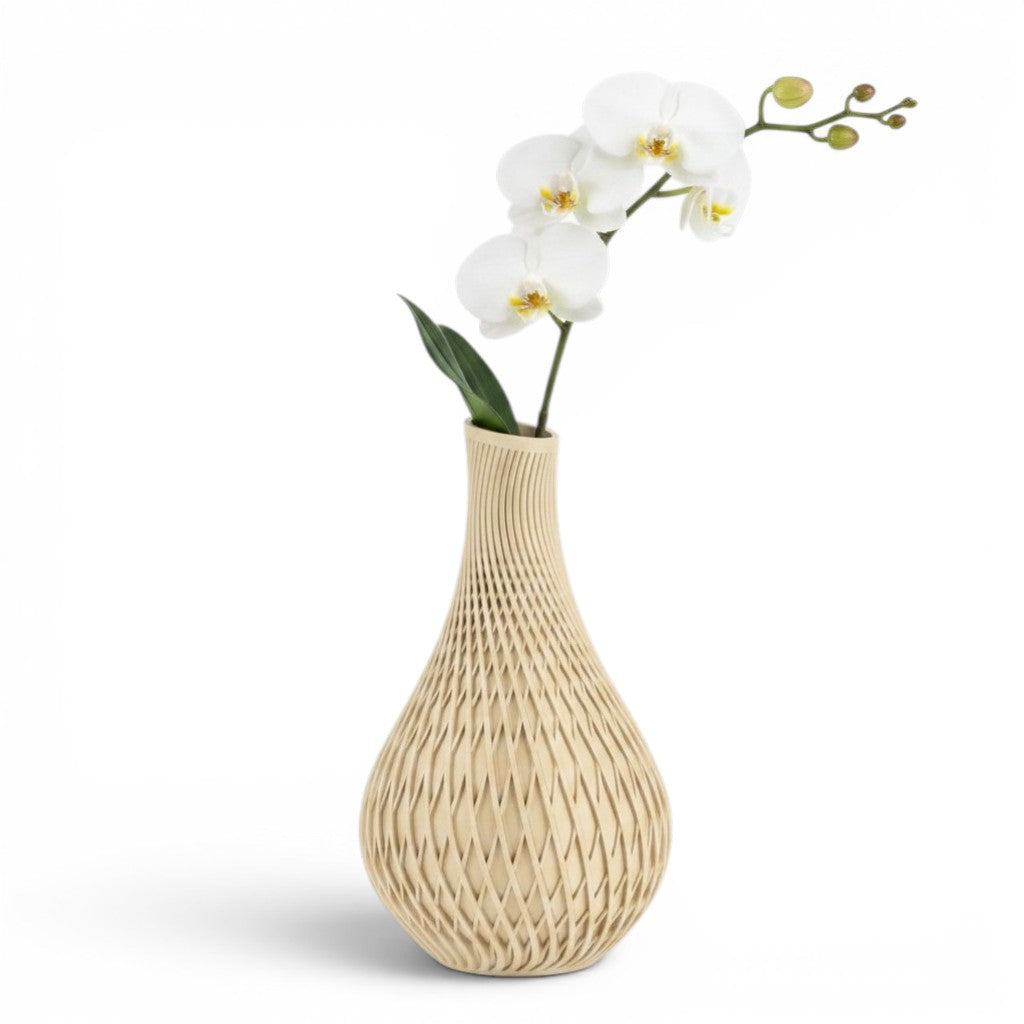 Vanta Vase in natural bone with open diamond lattice weave pattern, styled with a white orchid stem — 3D printed decorative vase by Lux Print Labs