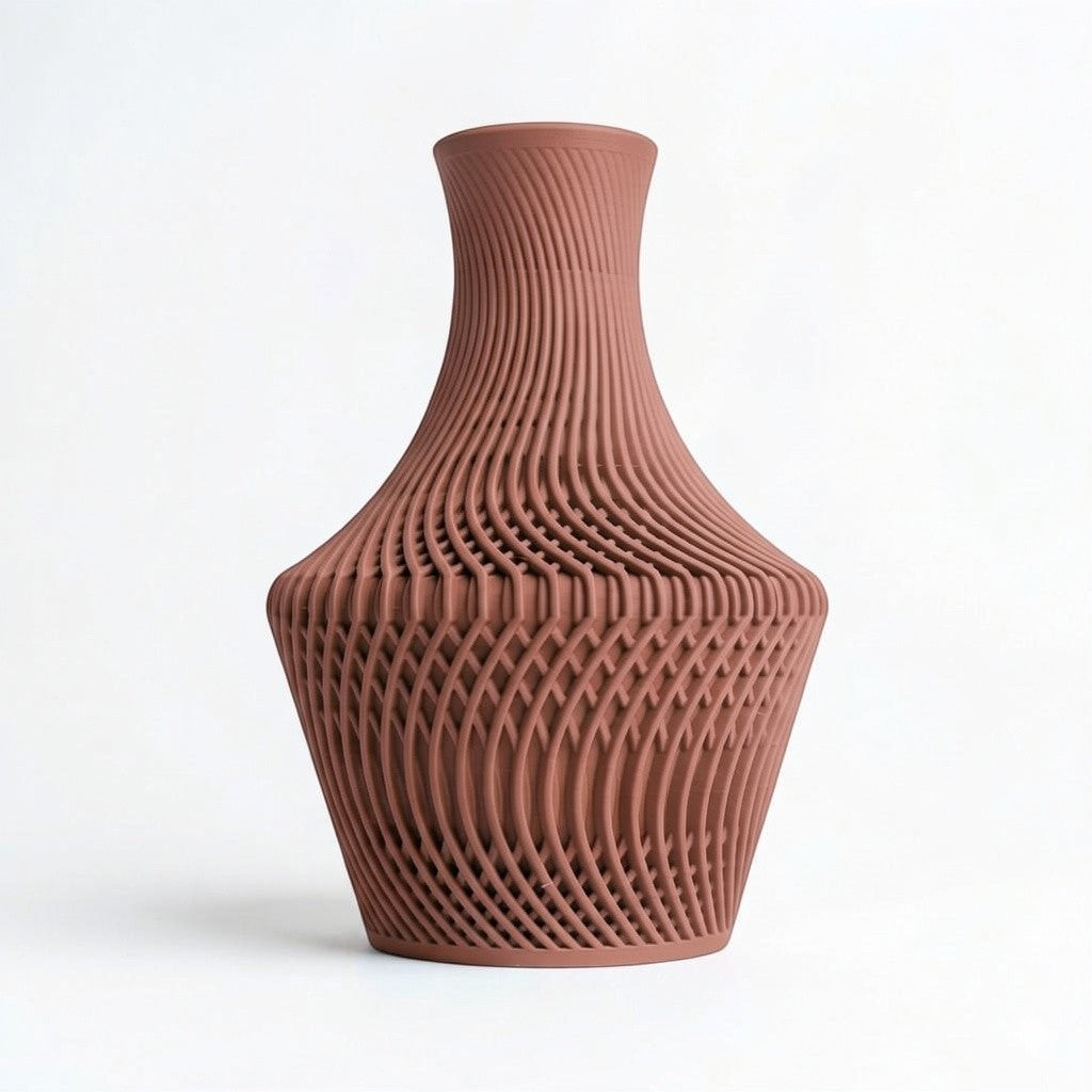 Lux Print Labs terracotta 3D printed vase with intricate, flowing lines and a unique layered design. Modern sculpture for decor.