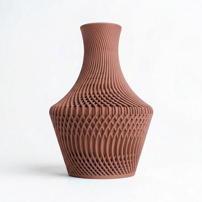 Lux Print Labs terracotta 3D printed vase with intricate, flowing lines and a unique layered design. Modern sculpture for decor.
