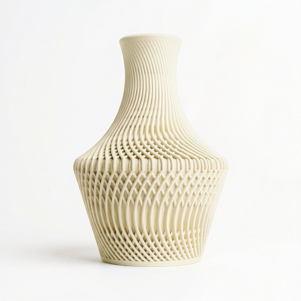 Lux Print Labs beige 3D printed PLA vase with intricate, flowing lines and a modern aesthetic.