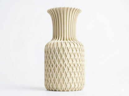 Lux Print Labs beige 3D printed vase with diamond pattern base and ribbed top. Modern geometric sculptural home decor.