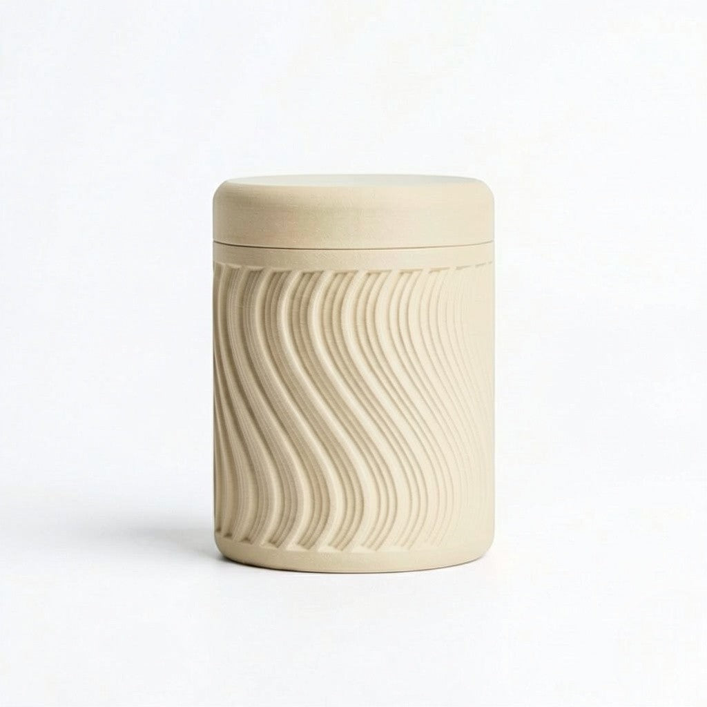 Lux Print Labs beige PLA storage container with lid, featuring a textured wave pattern. Modern design, 74mm x 74mm x 96mm.