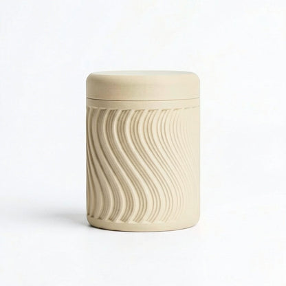 Lux Print Labs beige PLA storage container with lid, featuring a textured wave pattern. Modern design, 74mm x 74mm x 96mm.